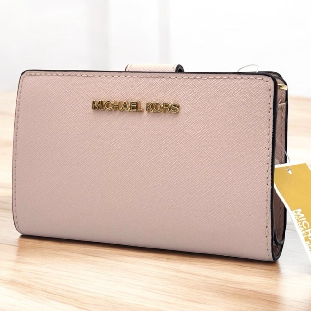 Michael Kors Medium Jet Set Travel Zip Chain Bifold Wallet Leather Powder Blush